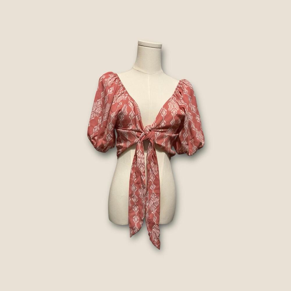 Macron Women’s Wrap Top Puff Sleeve Blouse Pink Pattern XS-Tie Front or Back